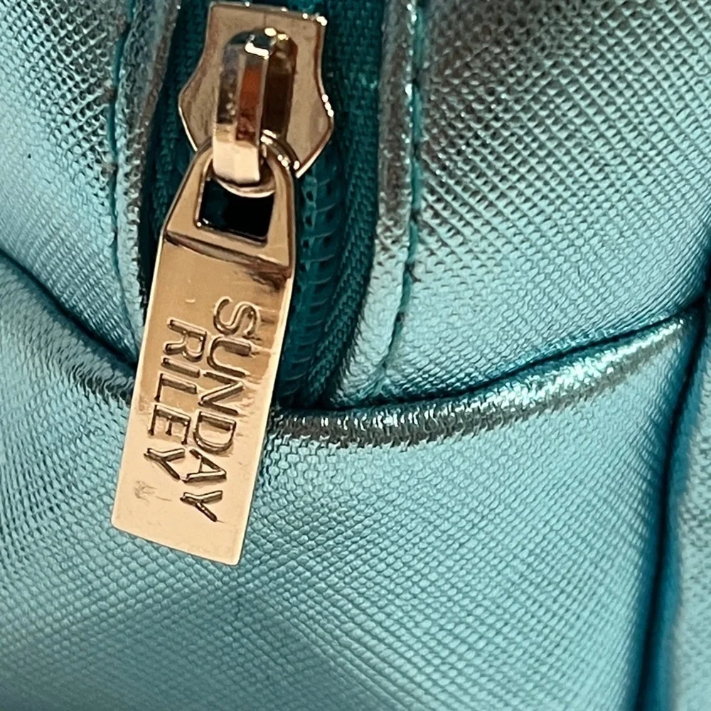 Sunday Riley Teal Vegan Metallic Leather Zip Top Cosmetic Clutch